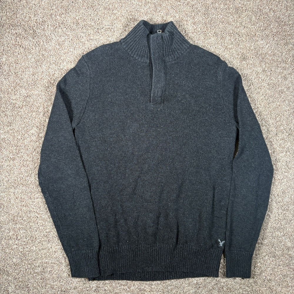 American Eagle‎ Mens Athletic Fit Mock Neck Quarter Zip Button Sweater Gray M